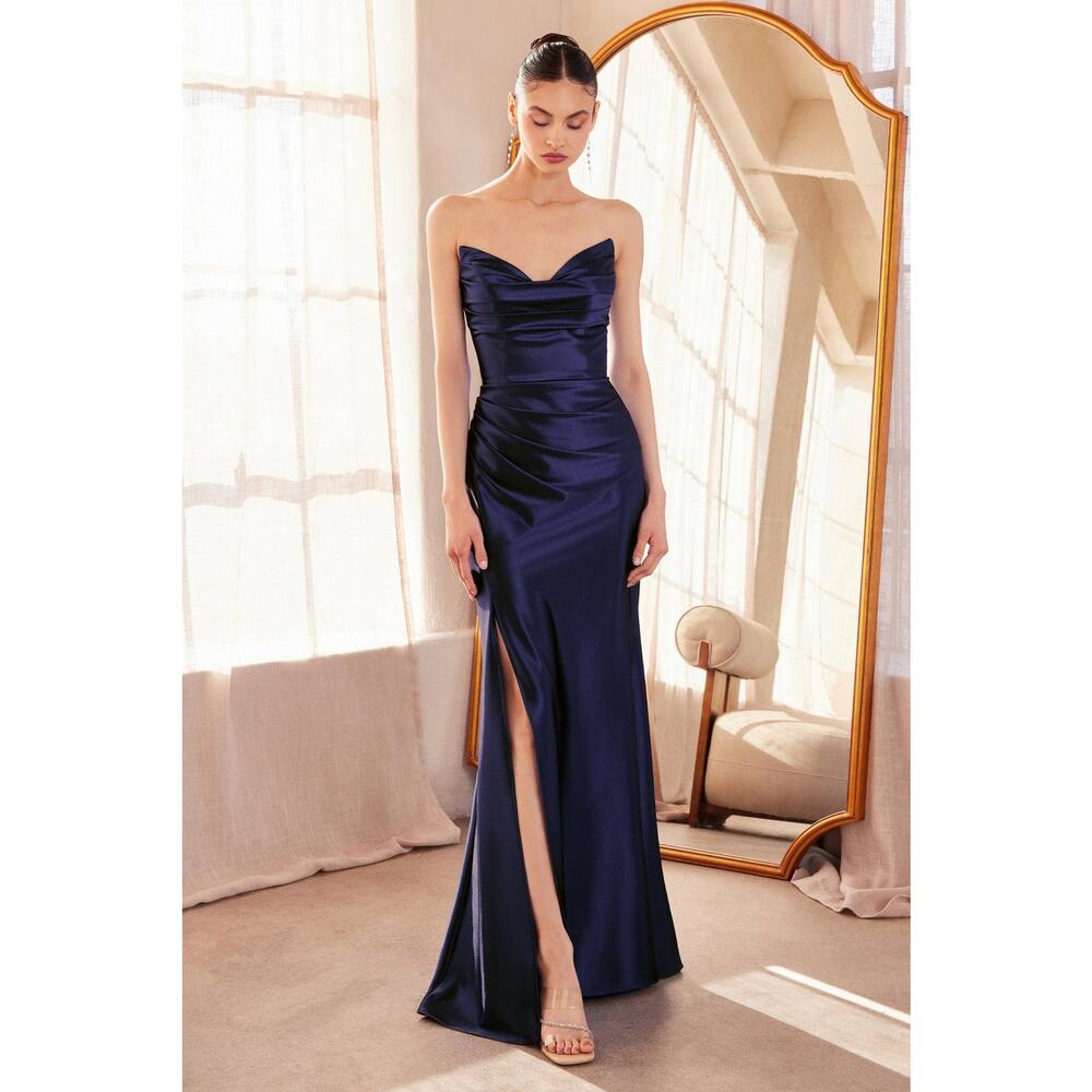 Amoris T704 Lianna Satin Maxi Dress Womens Small Navy Strapless Slit Formal Glam